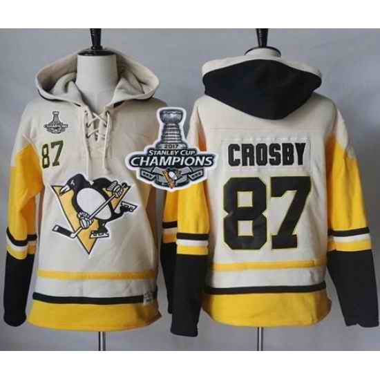 Men Pittsburgh Penguins 87 Sidney Crosby Cream Gold Sawyer Hooded Sweatshirt 2017 Stanley Cup Finals Champions Stitched NHL Jersey